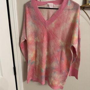 BRODIE CASHMERE Women's Pink Tie-Dye Sweater v neck Large